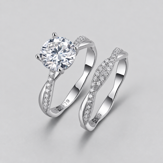 Two-piece moissanite bridal ring set in 925 sterling silver, silver finish.