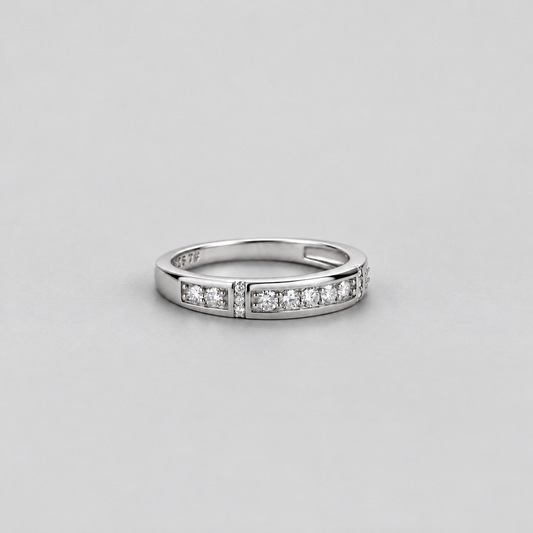 Moissanite Half-Eternity Band in 925 sterling silver, silver finish.