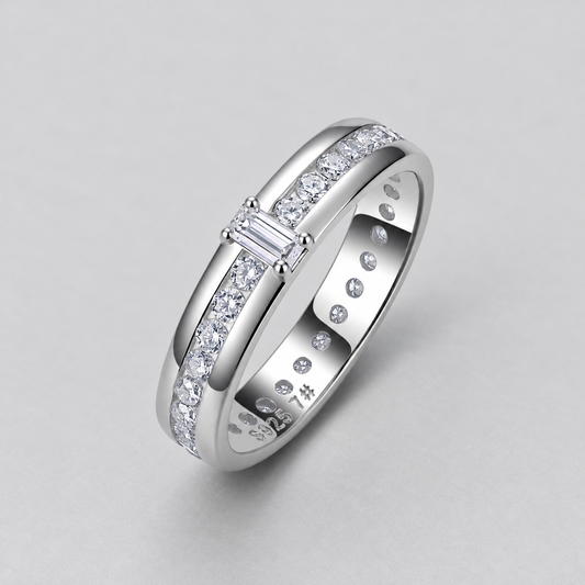 Mixed-Shape Moissanite Eternity Band in 925 sterling silver, silver finish.