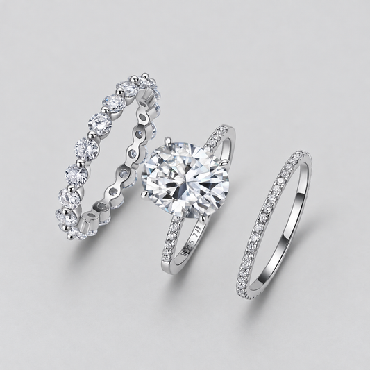 Three-Piece Moissanite Ring Set in 925 sterling silver, silver finish.