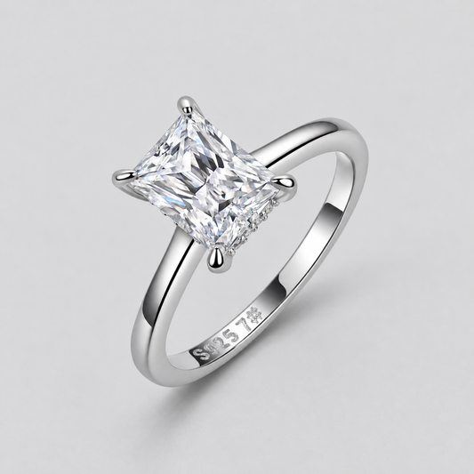 Radiant-Cut Moissanite Ring in 925 sterling silver, silver finish.
