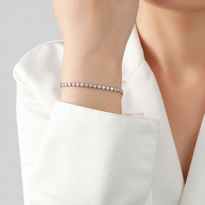 Bezel-Set Moissanite Tennis Bracelet in 925 sterling silver, silver finish.