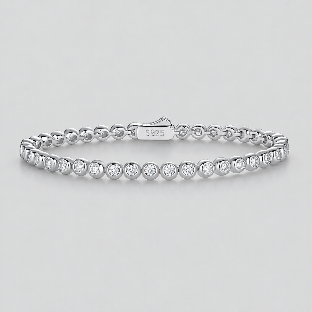 Bezel-Set Moissanite Tennis Bracelet in 925 sterling silver, silver finish.