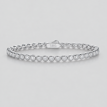 Bezel-Set Moissanite Tennis Bracelet in 925 sterling silver, silver finish.