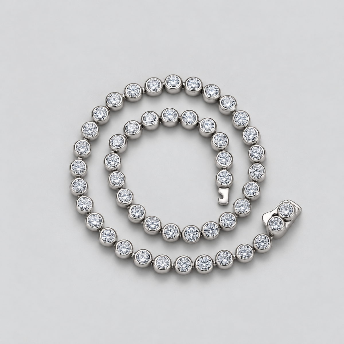 Bezel-Set Moissanite Tennis Bracelet in 925 sterling silver, silver finish.