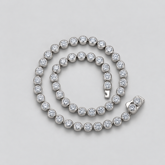 Bezel-Set Moissanite Tennis Bracelet in 925 sterling silver, silver finish.