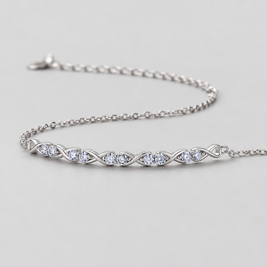 Infinity Moissanite Chain Bracelet in 925 sterling silver, silver finish.