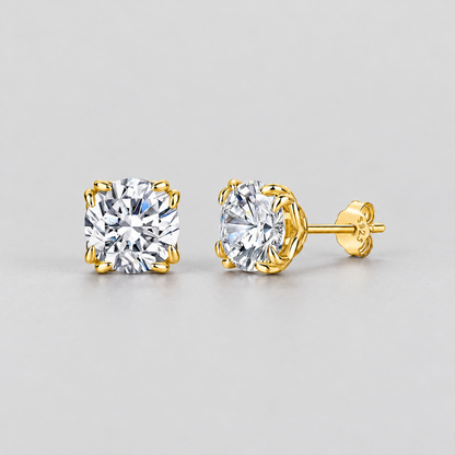 Eight-Prong Moissanite Stud Earrings in 925 sterling silver, gold finish.