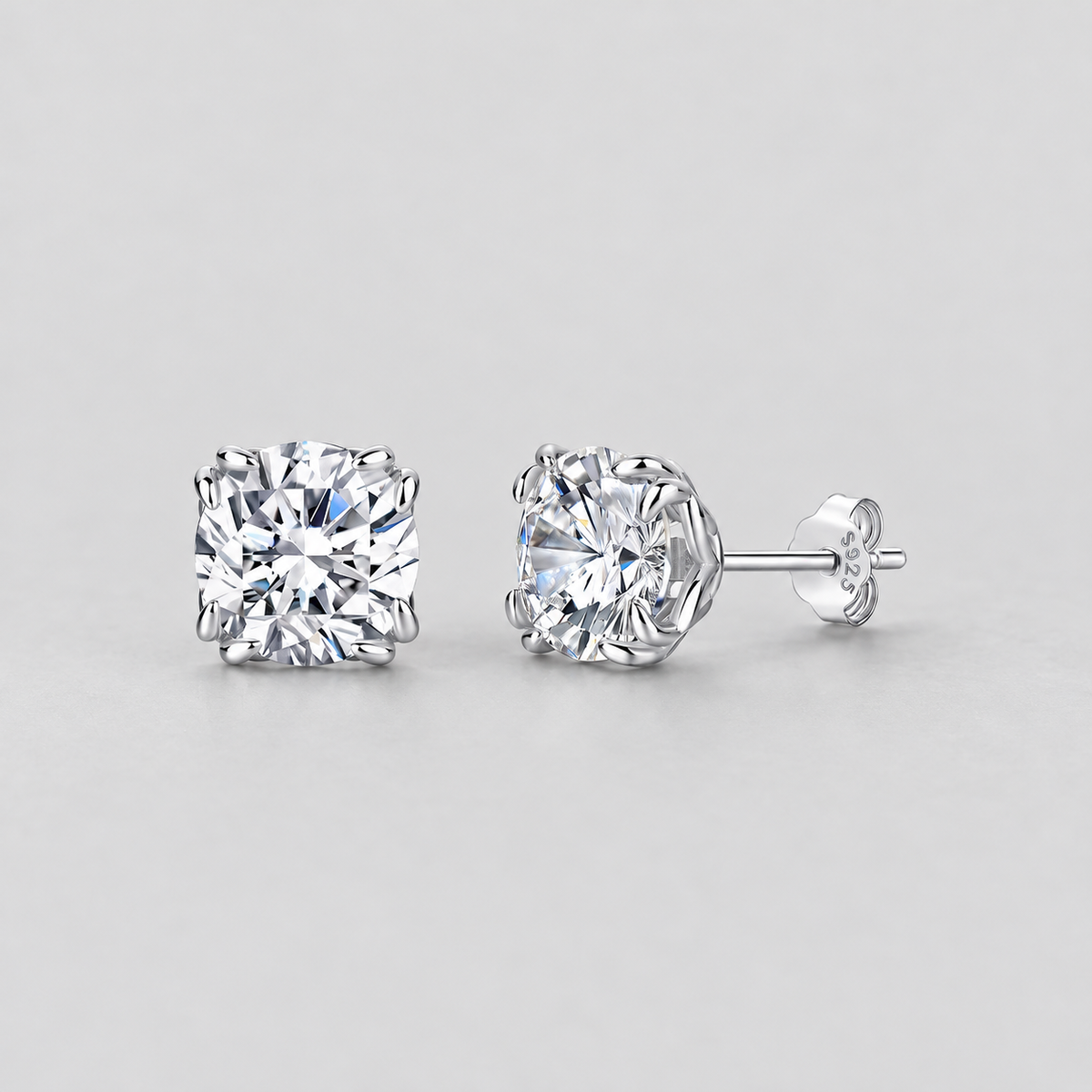 Eight-Prong Moissanite Stud Earrings in 925 sterling silver, silver finish.