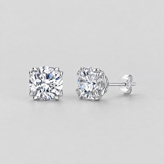 Eight-Prong Moissanite Stud Earrings in 925 sterling silver, silver finish.